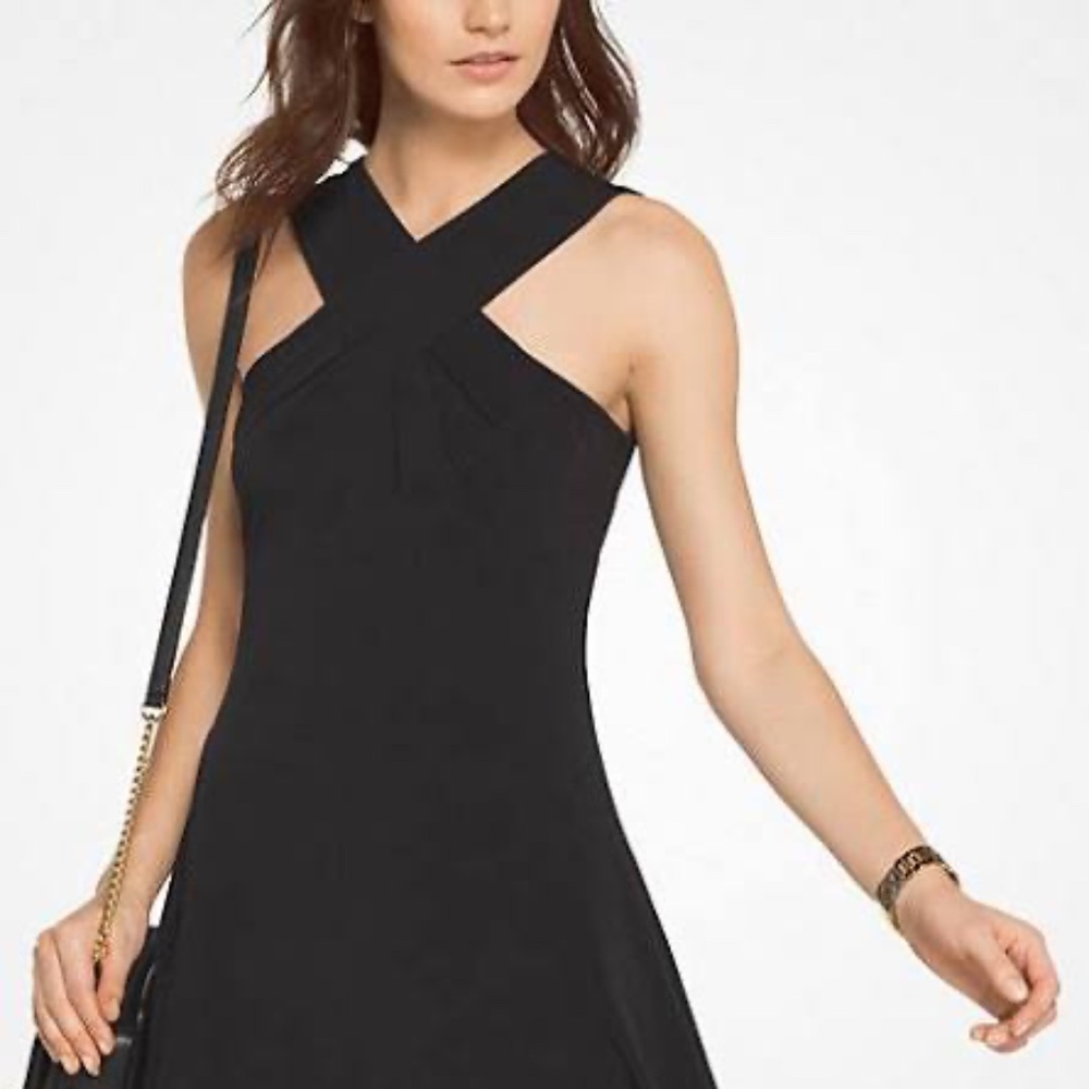 MICHAEL KORS Halter Cross Neck Jersey A-Line Dress, Black, Medium